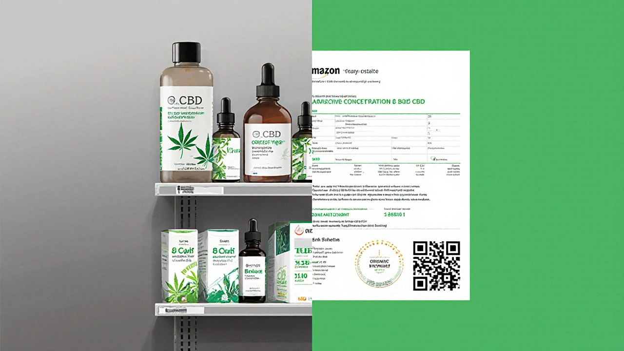 Linker Teil: Amazon-Regal mit hemp-gekennzeichneten Produkten; rechter Teil: Laborbericht mit CBD-Werten und Zertifizierungen.