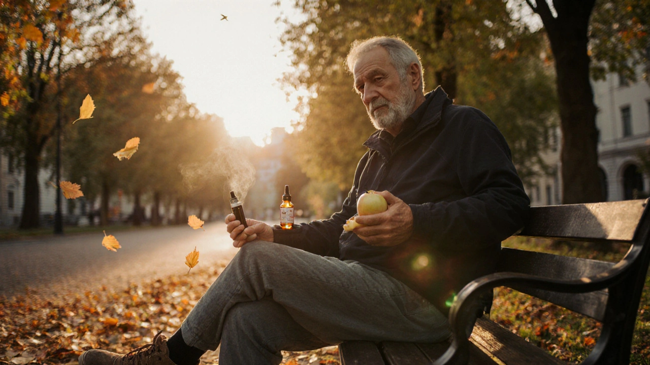 Mann sitzt friedlich auf einem Parkbank, hält CBD-Öl, Sonnenuntergang, Herbstblätter, ruhige Stimmung.
