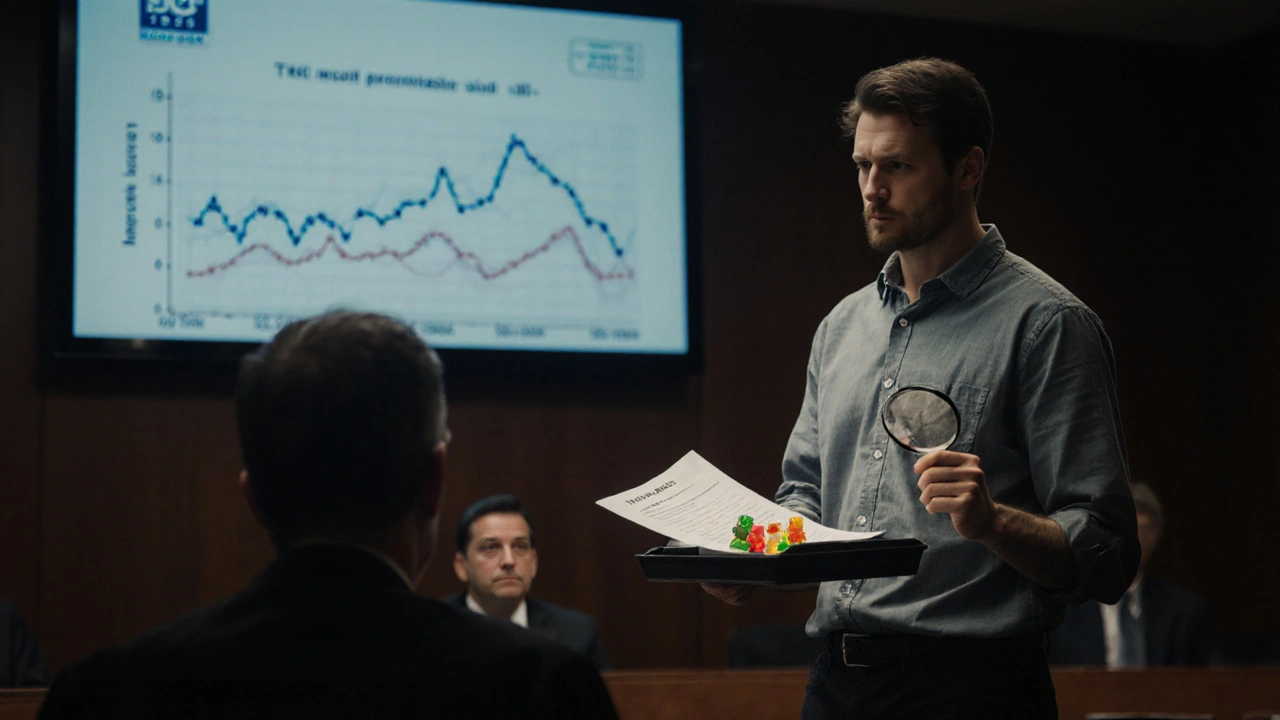 Mann vor Gericht in Texas mit Delta-9-Gummibärchen als Beweisstück und Labortestanzeige