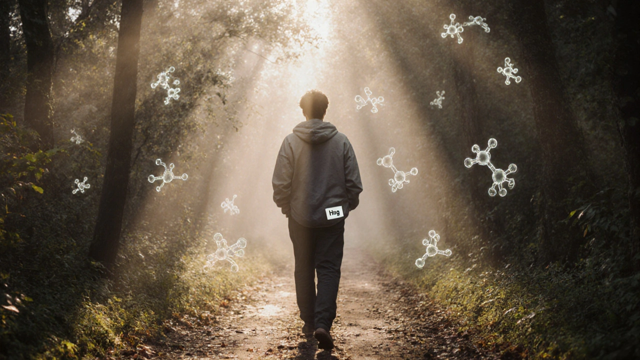 Mensch spaziert im nebligen Wald bei Dämmerung, sanfte chemische Partikel schweben um ihn.