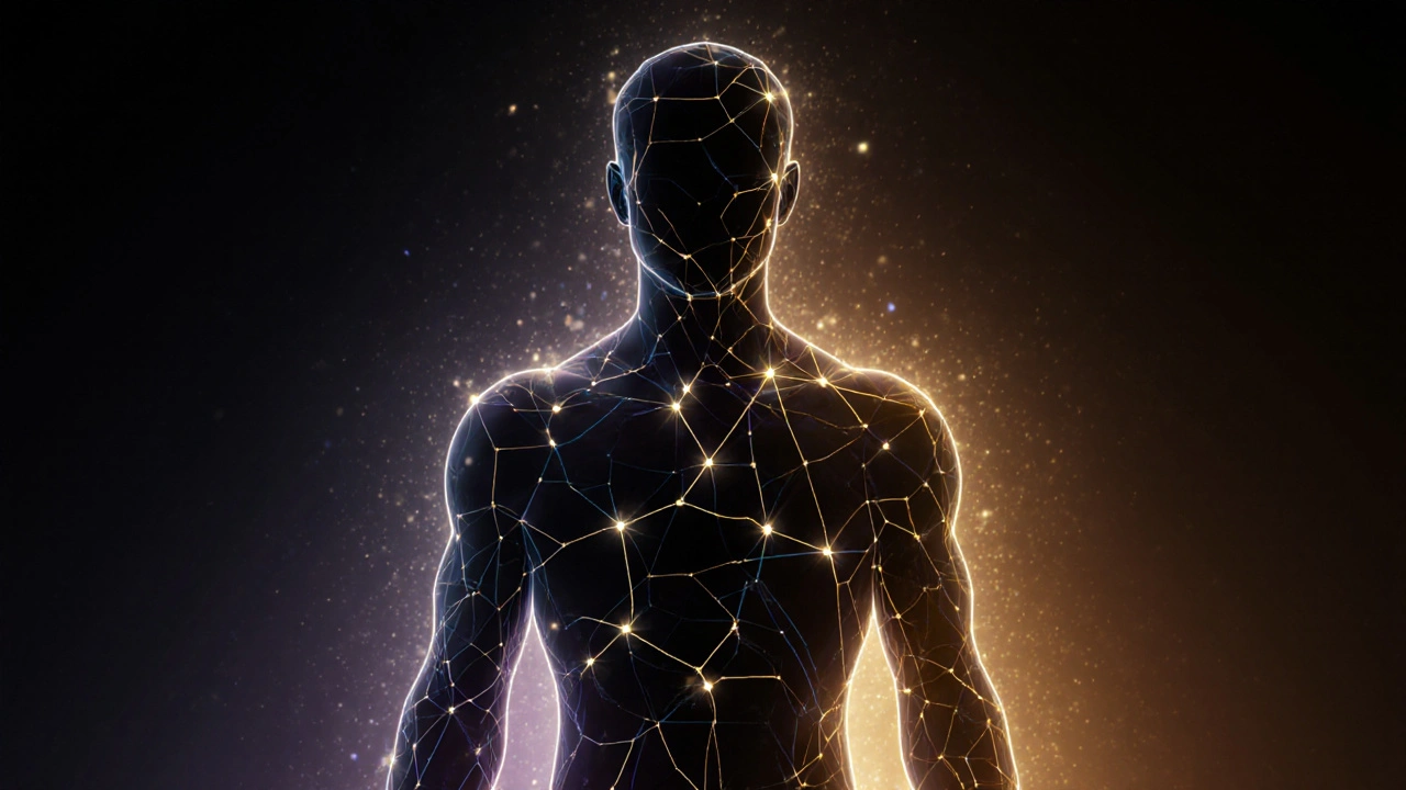 Menschliche Silhouette mit goldenen CBD-Molekülen, die für Schlaf, Schmerz und Ruhe leuchten.