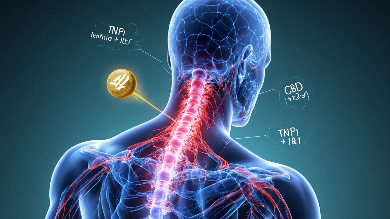 Menschlicher Körper mit leuchtenden Nervenwegen, die CBD-Moleküle bei Schmerzlinderung zeigen