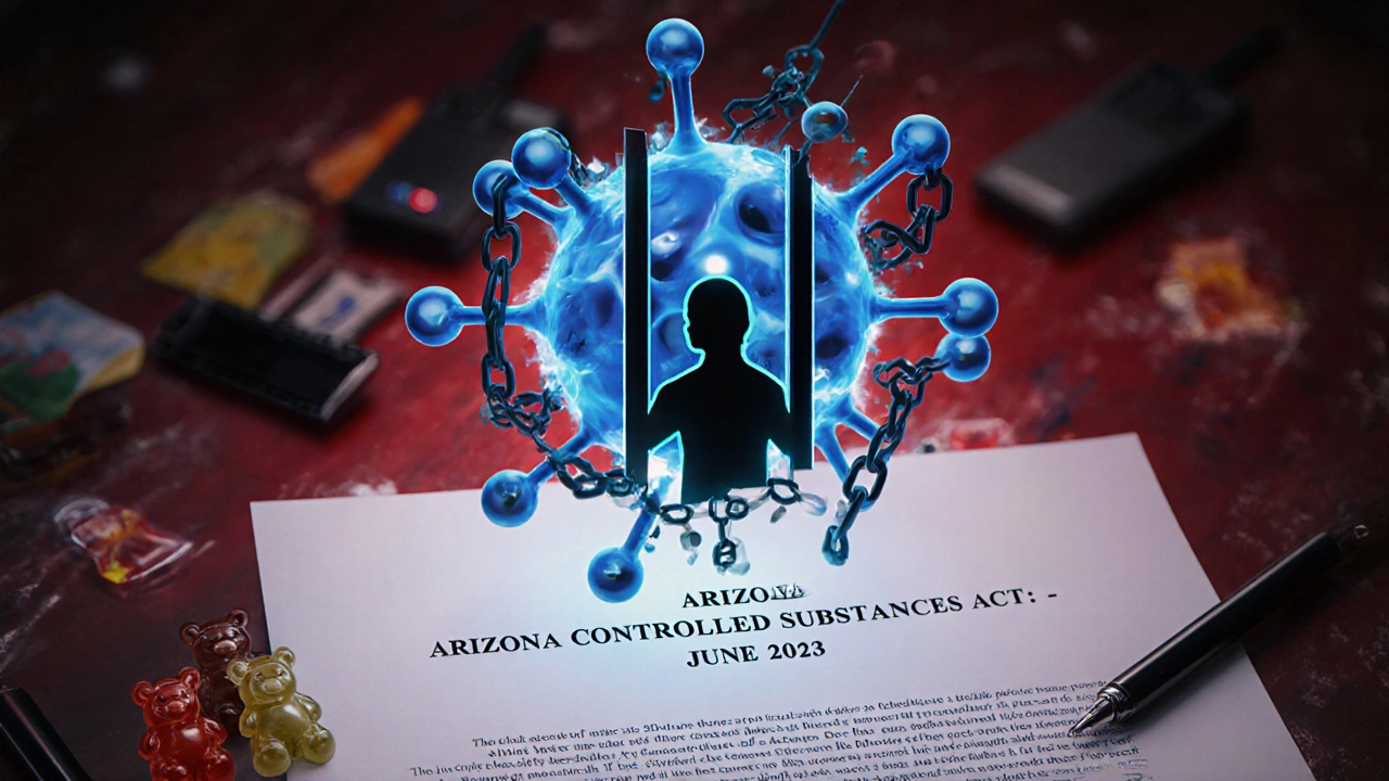 Molekülstruktur von HHC, die zu Gefängnisstäben wird, umgeben von rechtlichen Dokumenten