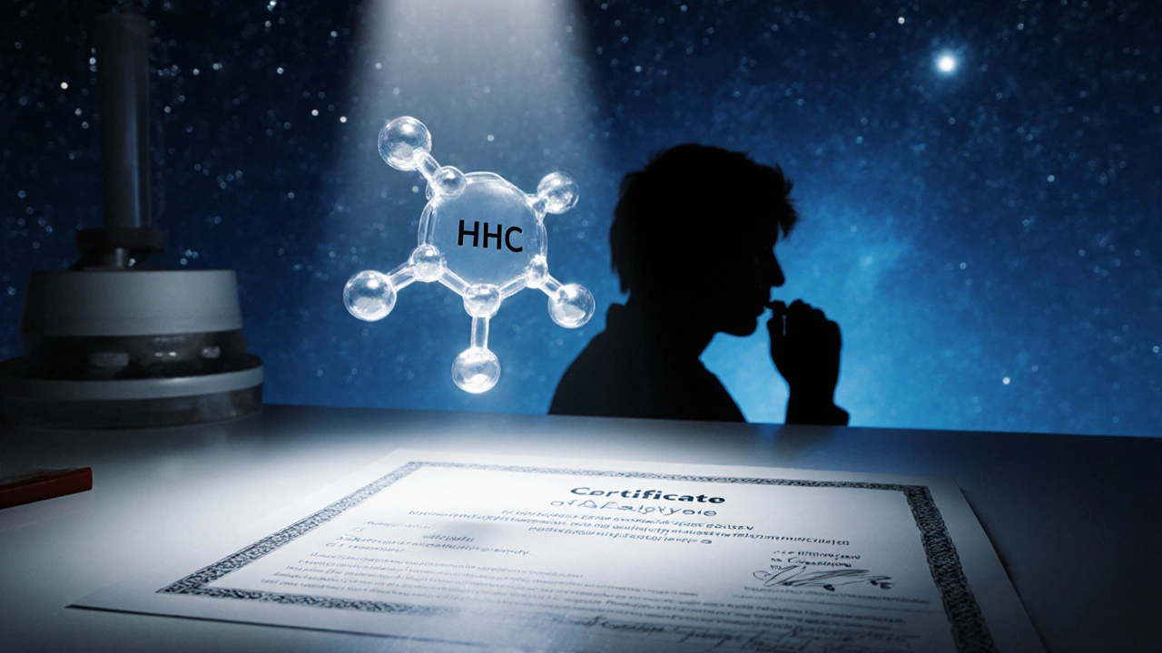 Molekülstruktur von HHC mit Labordokument und beruhigendem blauem Nebel.