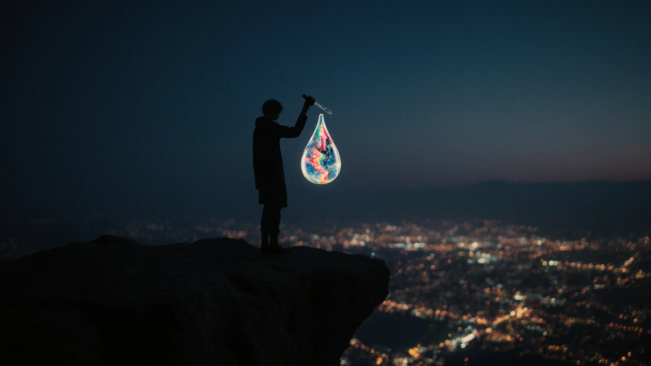 Person am Abgrund, Tropfen zeigt kontrastierende Wirkungen von THCP und THCJD, düstere Stimmung.