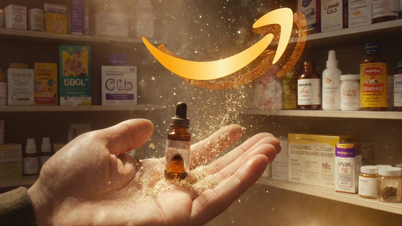 Person hält CBD-Gummie, während das Amazon-Logo zerfällt – dahinter leuchtende Regale mit vertrauenswürdigen CBD-Marken.
