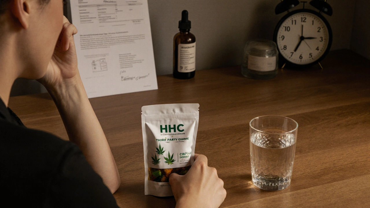 Person in deutscher Küche mit HHC-Gummibärchen, Laborbericht und CBD-Öl auf dem Tisch.