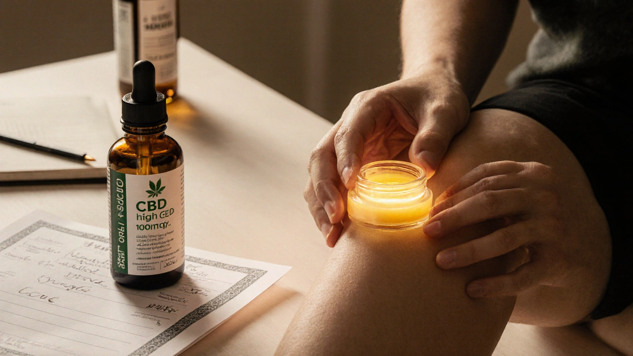 Person massiert das Knie mit CBD-Salbe, daneben Qualitätszertifikat und Notizen