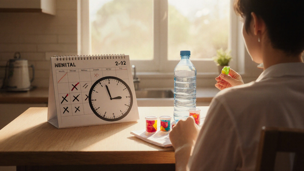 Person mit Delta-8-Gummis und Kalender, der die Nachweiszeit von 24 bis 72 Stunden symbolisiert.