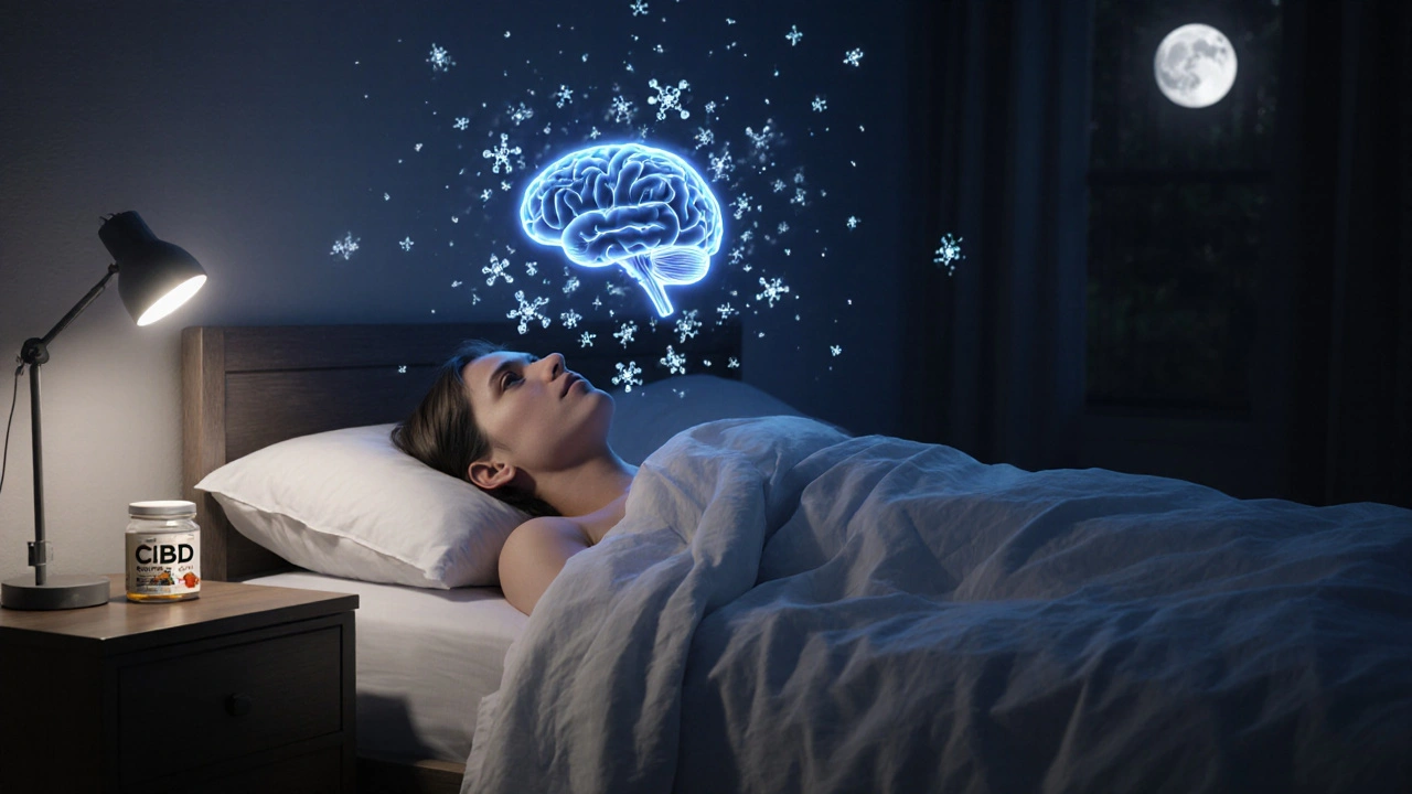 Person schläft friedlich im Mondlicht, während CBD-Moleküle sanft auf das Gehirn wirken und Schlaf fördern.