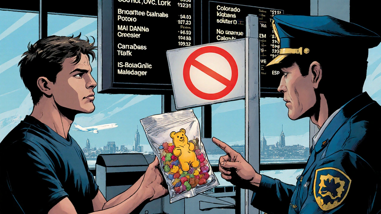 Reisender wird am Flughafen von TSA-Mitarbeiter mit THC-Gummibärchen konfrontiert, rotes Verbotssymbol über dem Produkt.