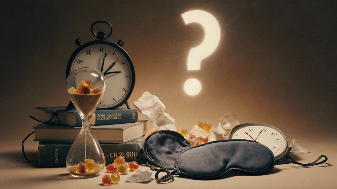 Sanduhr mit CBD-Gummis, die in Schlafutensilien und eine rückwärts laufende Uhr tropfen, symbolische Kunst.