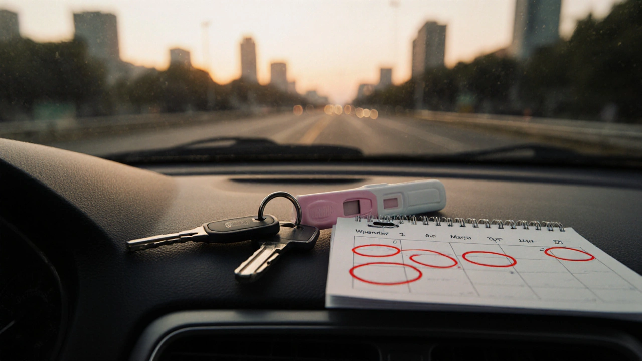 Schlüssel und Urin-Teststreifen auf Autodashboard am Morgen, deutlicher Hinweis auf Wartezeit nach Konsum.