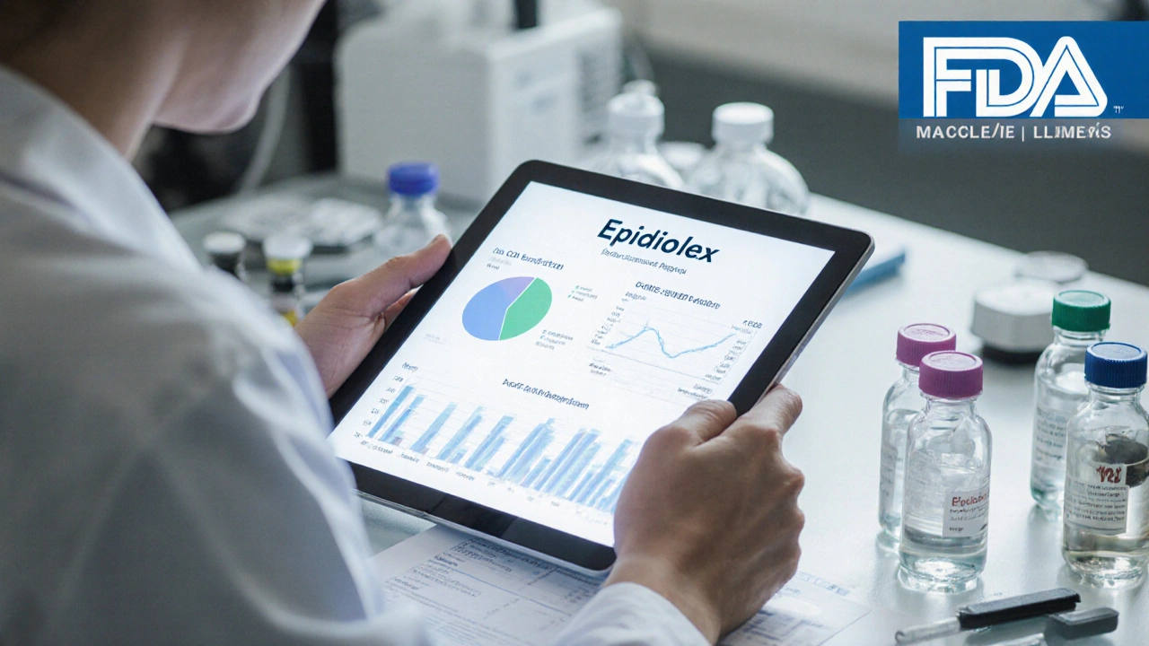 Scientist reviewing clinical trial data for Epidiolex in a laboratory with FDA logo in background.