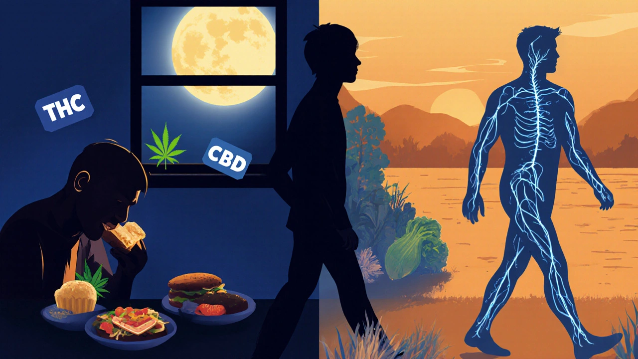 Silhouette eines Menschen mit kontrastierenden Lebensstilen: Stress und Essen vs. Spaziergang und Gesundheit.