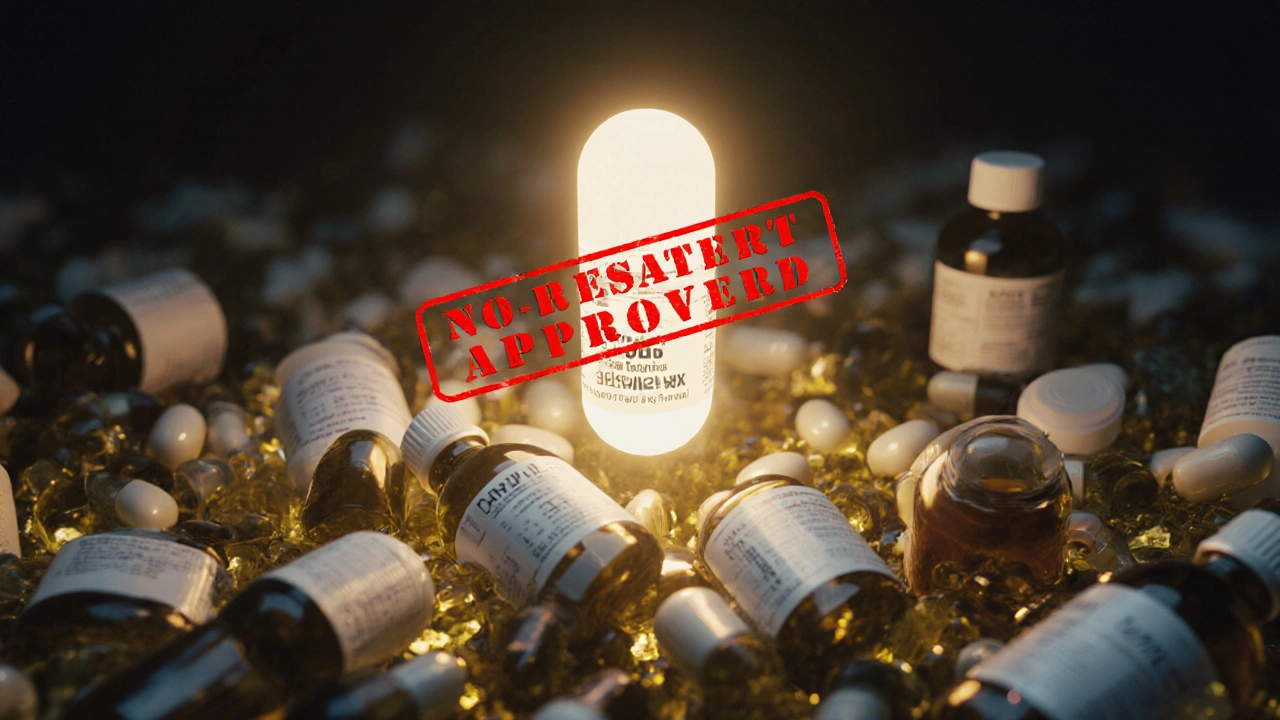 Single glowing Epidiolex capsule above a pile of unapproved CBD products with a red &#039;Not FDA-Approved&#039; stamp.