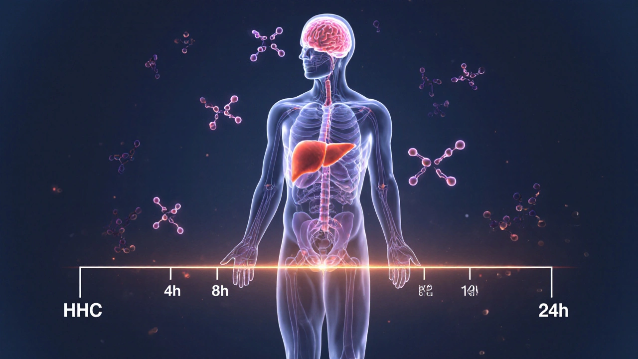 Transluzente Darstellung von HHC-Molekülen, die sich im Körper ausbreiten, mit biochemischem Timeline.