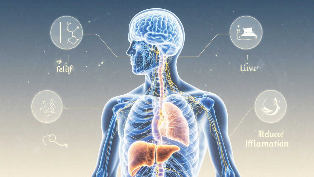 Transluzenter menschlicher Körper mit aktivem Endocannabinoid-System und CBD-Molekülen, die auf Rezeptoren wirken.
