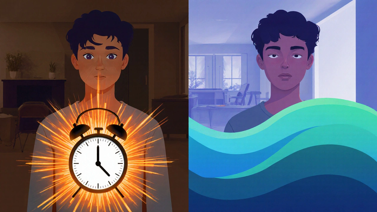 Vergleich der HHC-Wirkung: schnell vs. langsam, symbolisch durch Farbwellen dargestellt.