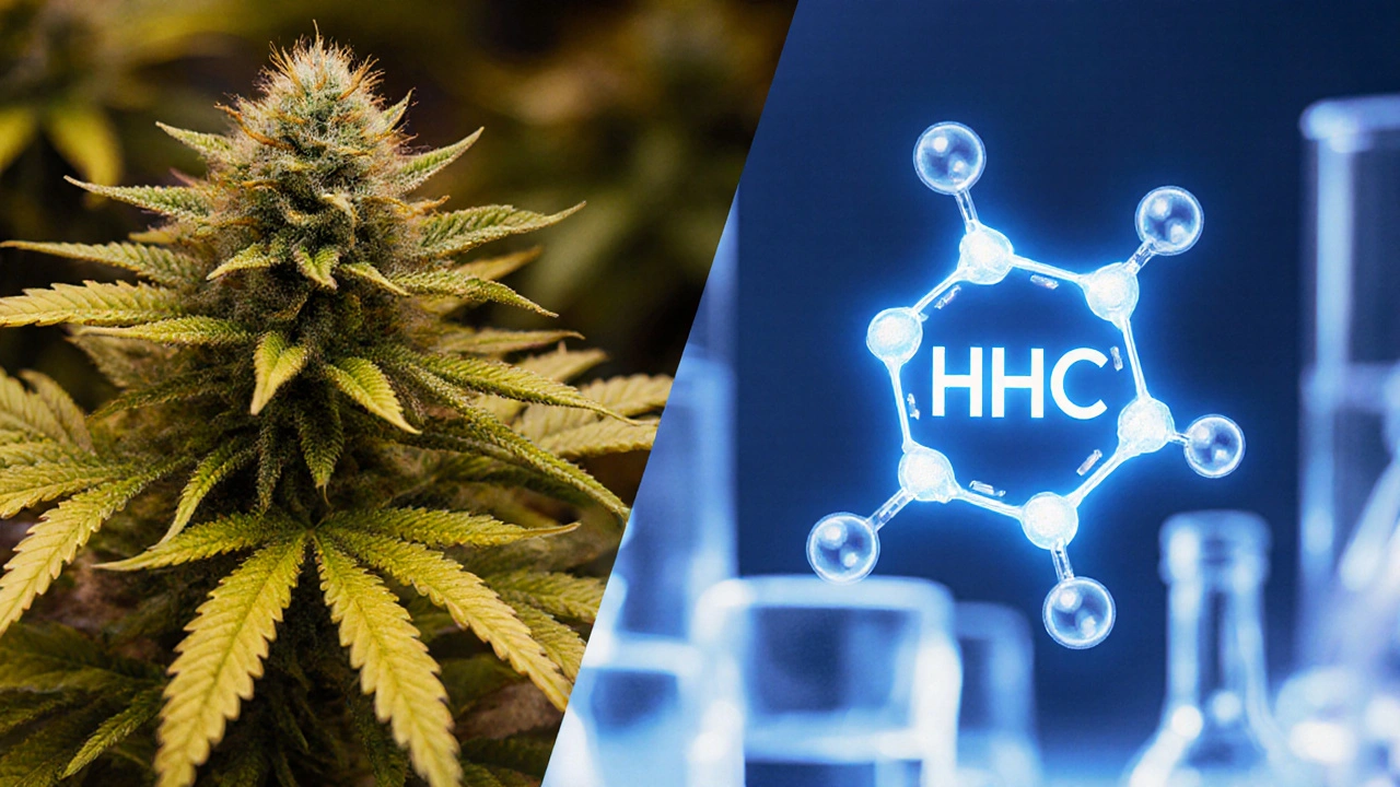 Vergleich: eine sativische Hanfpflanze links, ein HHC-Molekül rechts in einem Labor.