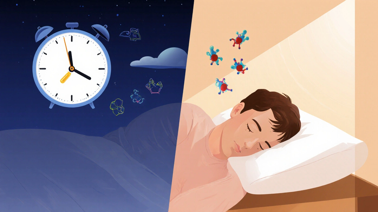 Vergleich von CBD-Einnahme abends und erholsamem Schlaf morgens mit neurologischen Symbolen