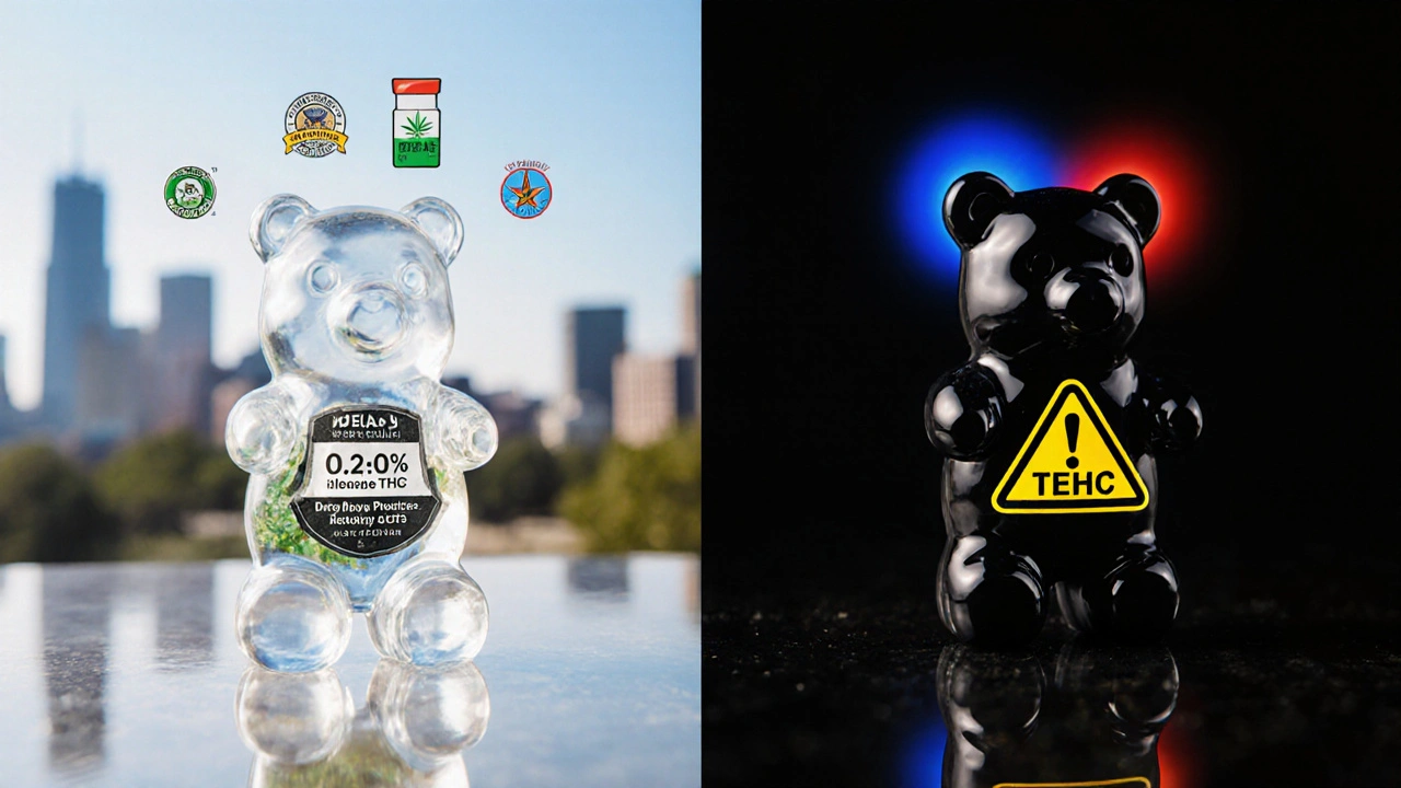 Vergleich von legalen und illegalen Delta-9-Gummibärchen mit Laborzertifikaten und Warnsymbolen