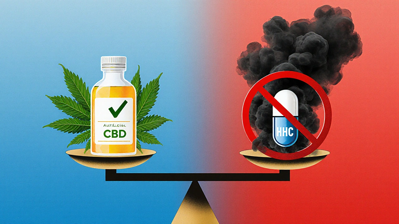 Waage mit legaler CBD-Flasche auf einer Seite und verbotener HHC-Kapsel auf der anderen