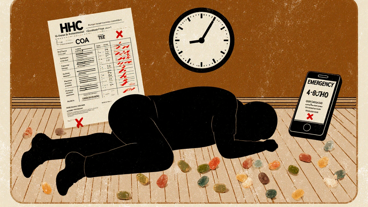 Warnposter mit liegender Person, HHC-Gummibärchen und Labortest, stilisiert im Vintage-Look.