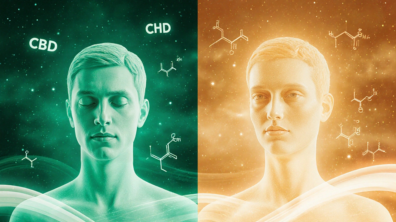 Zwei abstrakte Figuren, eine in grünem Licht für CBD, die andere in goldenem Licht für HHC, mit symbolischen Elementen.