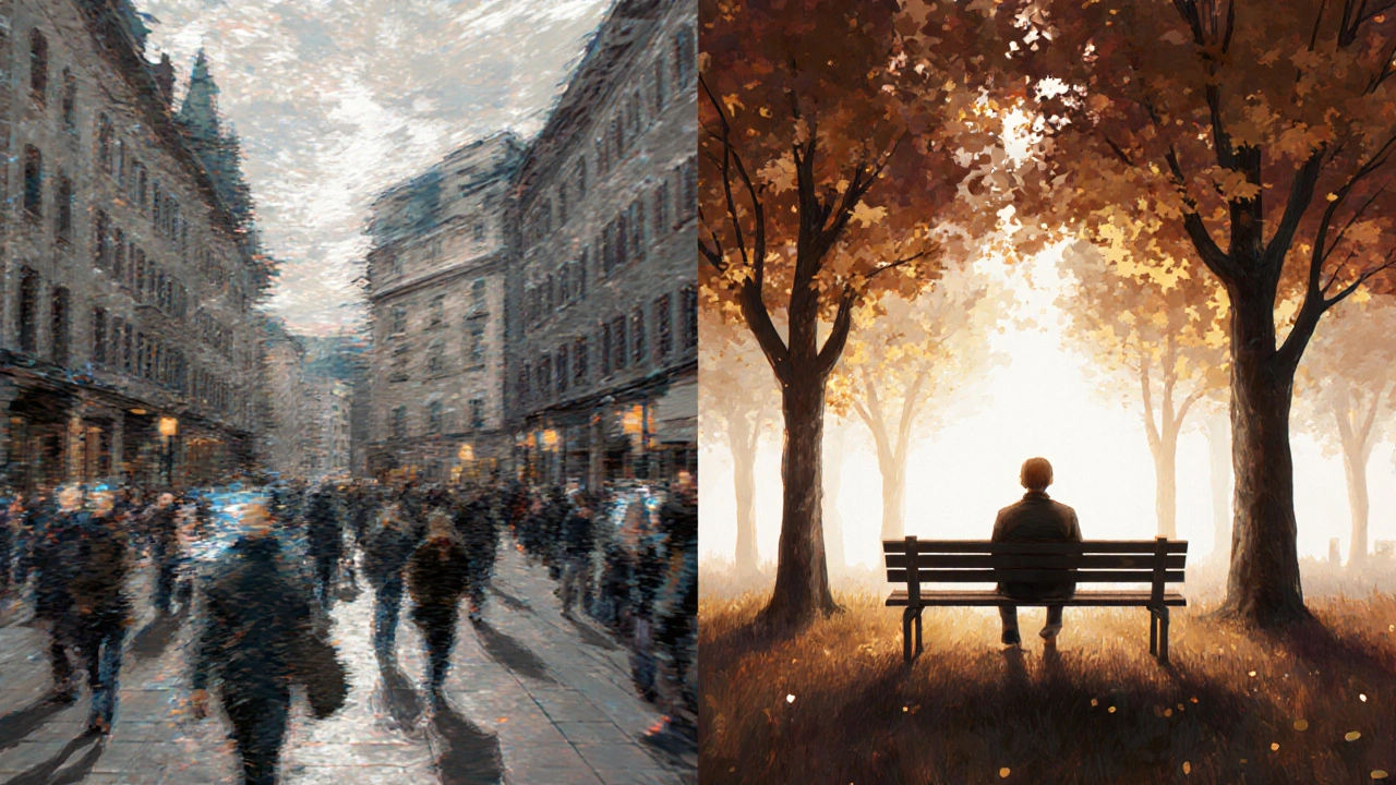 Zwei Szenen: eine Person in überwältigender Stadtatmosphäre vs. friedlich im Park.