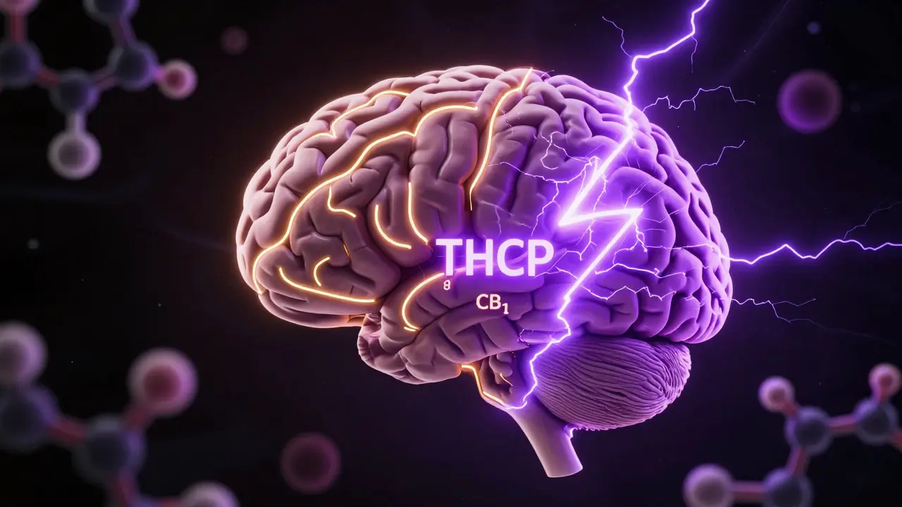 Abstrakte Darstellung eines Gehirns mit zwei unterschiedlichen Cannabinoid-Wegen: dünn und golden (Delta-8) vs. explosiv violett (THCP).