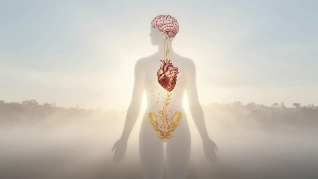 Abstrakte Darstellung eines Körpers mit goldenen Verbindungen zwischen Herz, Gehirn und Becken.