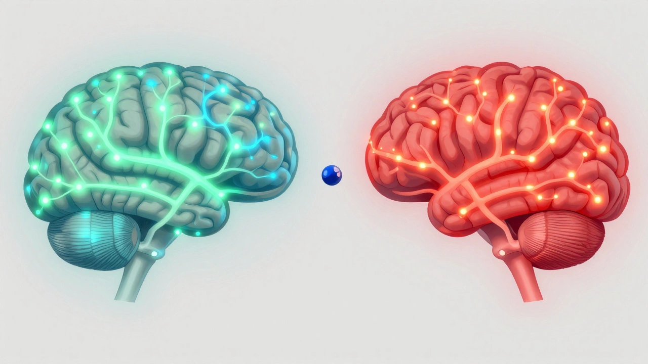 Artistic brain illustration showing balanced neural activity with Delta-8 molecule influencing calm signals.