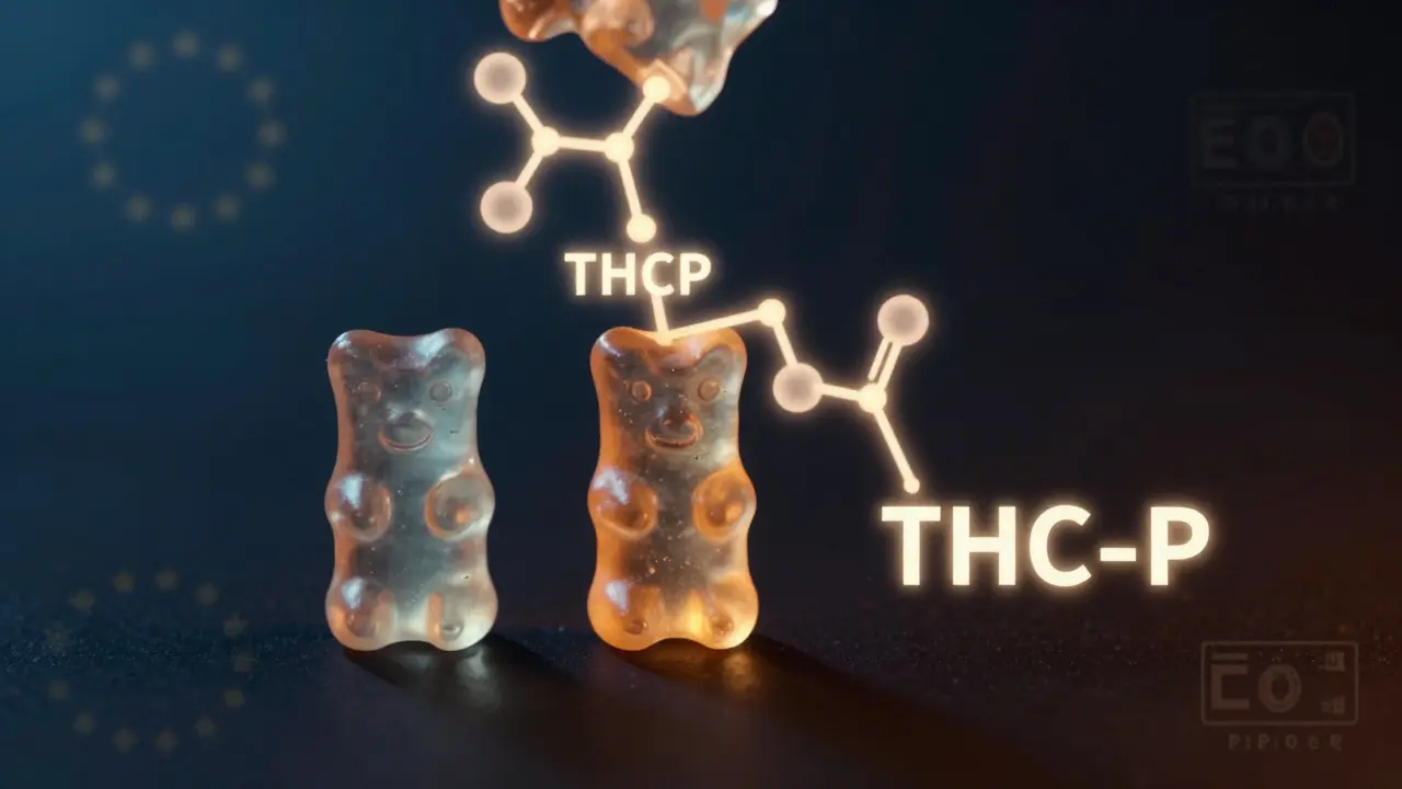 Auflösendes Gummibärchen, das in THCP-, THC-O- und THC-P-Moleküle übergeht, mit chemischen Strukturen.