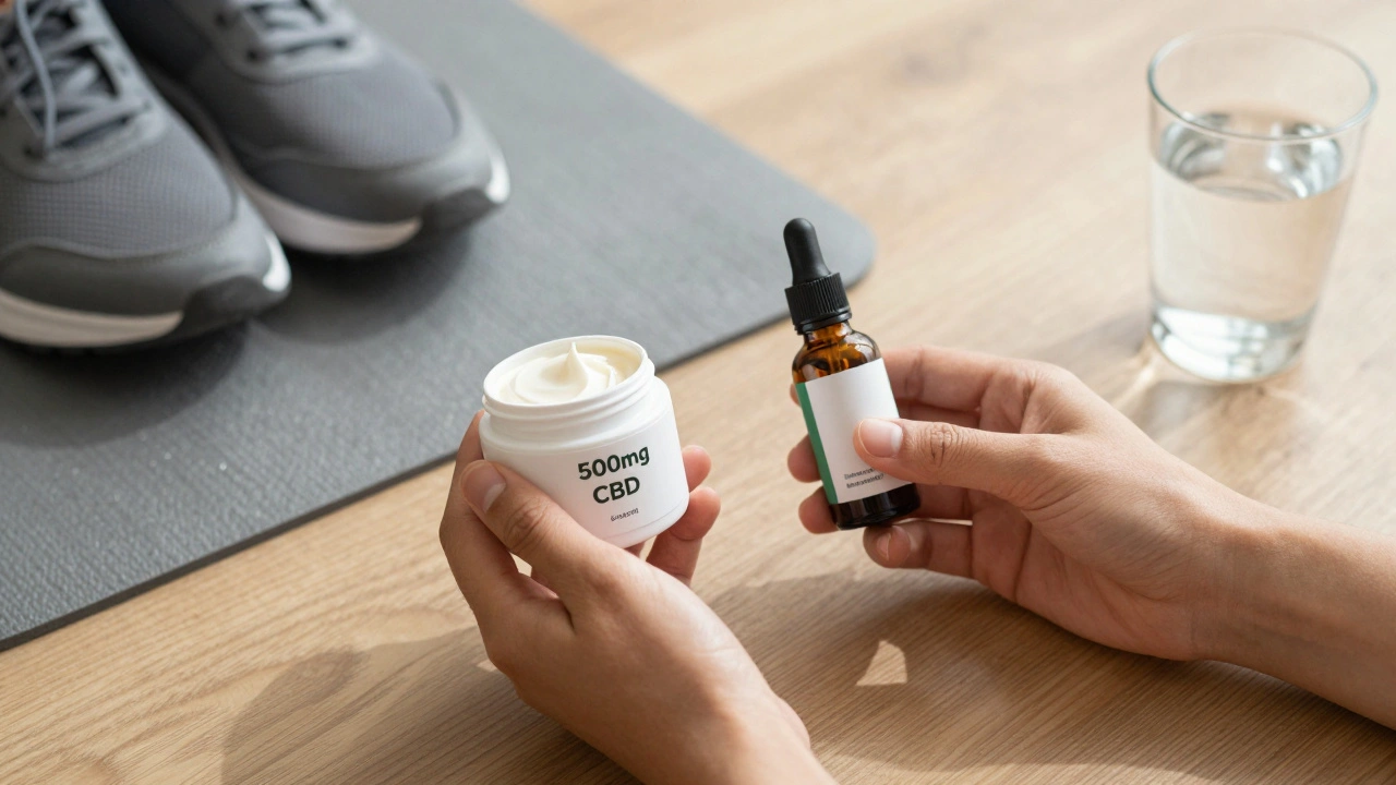 CBD-Creme und -Tropfen neben Yoga-Matte und Schuhen für ganzheitliche Gesundheit.