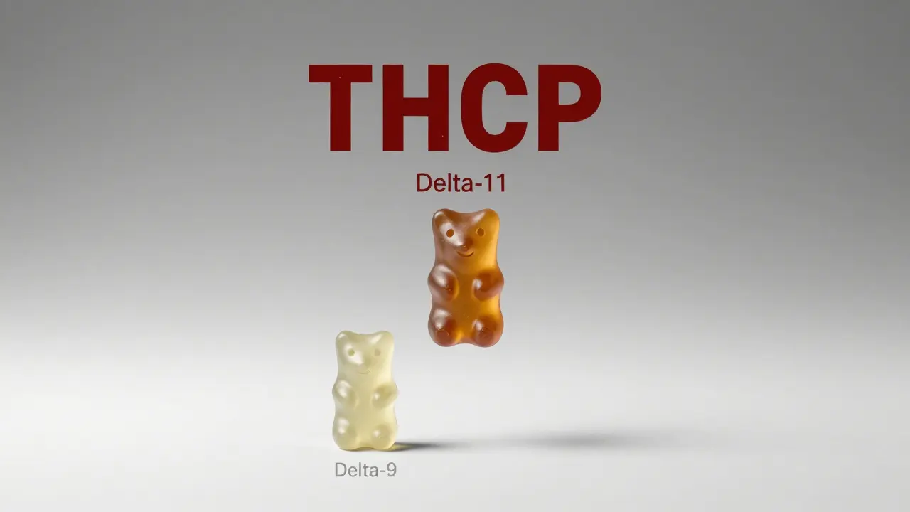 Drei aufsteigende Gummibärchen symbolisieren die steigende Potenz von Delta-9, Delta-11 und THCP.