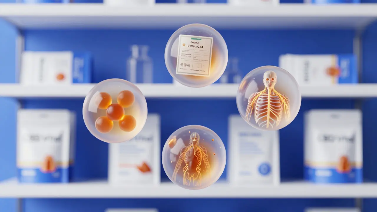 Drei durchscheinende CBD-Gummibärchen schweben mit inneren Darstellungen von Dosierung, Laborzertifikat und Nervensystem.