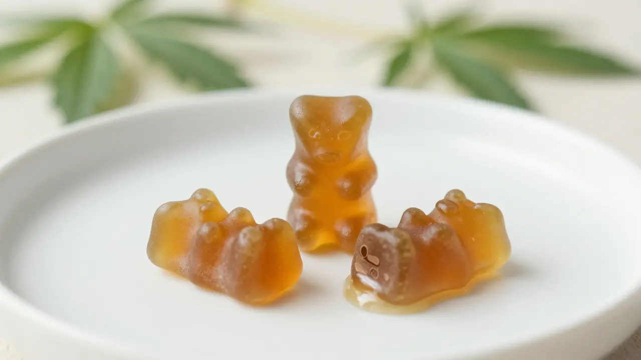 Drei Hanf-Gummibärchen auf weißem Teller mit Symbolen für Entspannung, Schlaf und Schmerzlinderung.