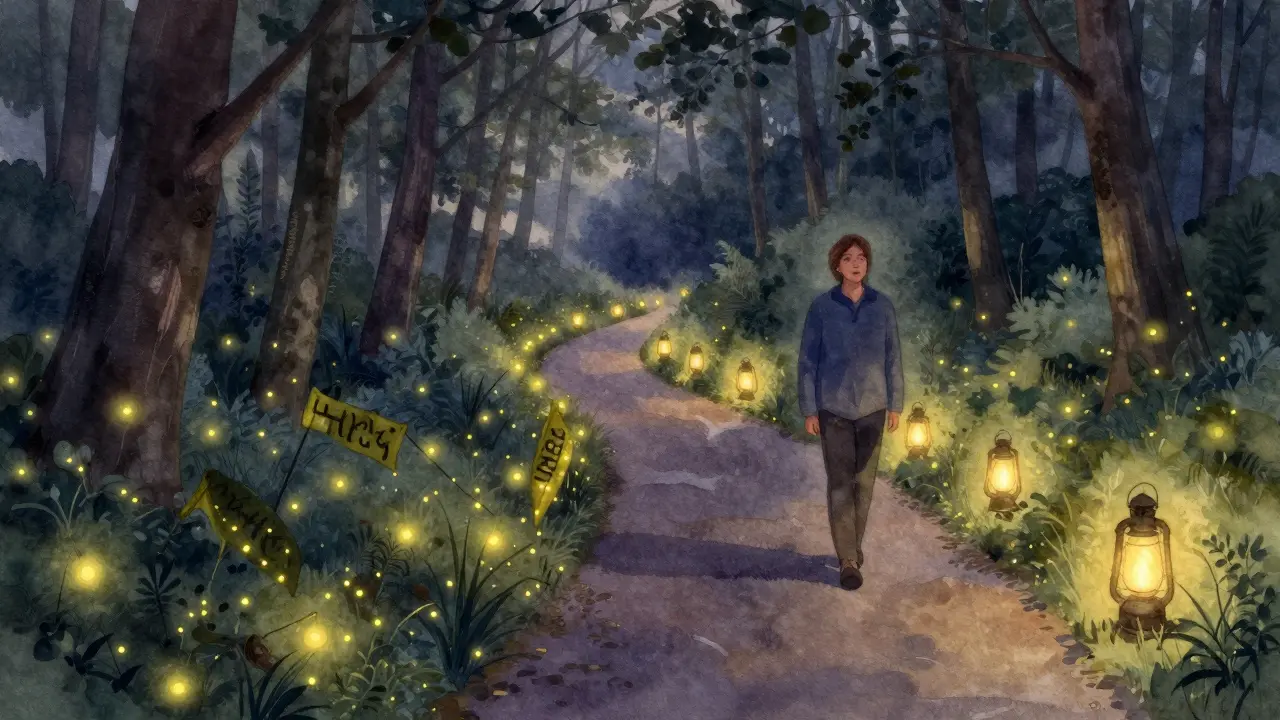 Ein ruhiger Waldpfad bei Dämmerung mit langsam brennenden Laternen, symbolisch für die lange Wirkung von HHC.