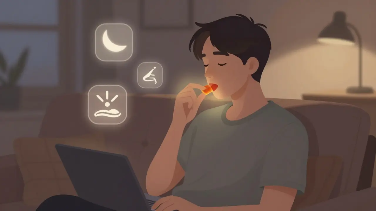 Eine Person kaut beruhigt ein CBD-Gummibärchen am Abend, umgeben von sanften Lichtsymbolen für Schlaf und Entspannung.
