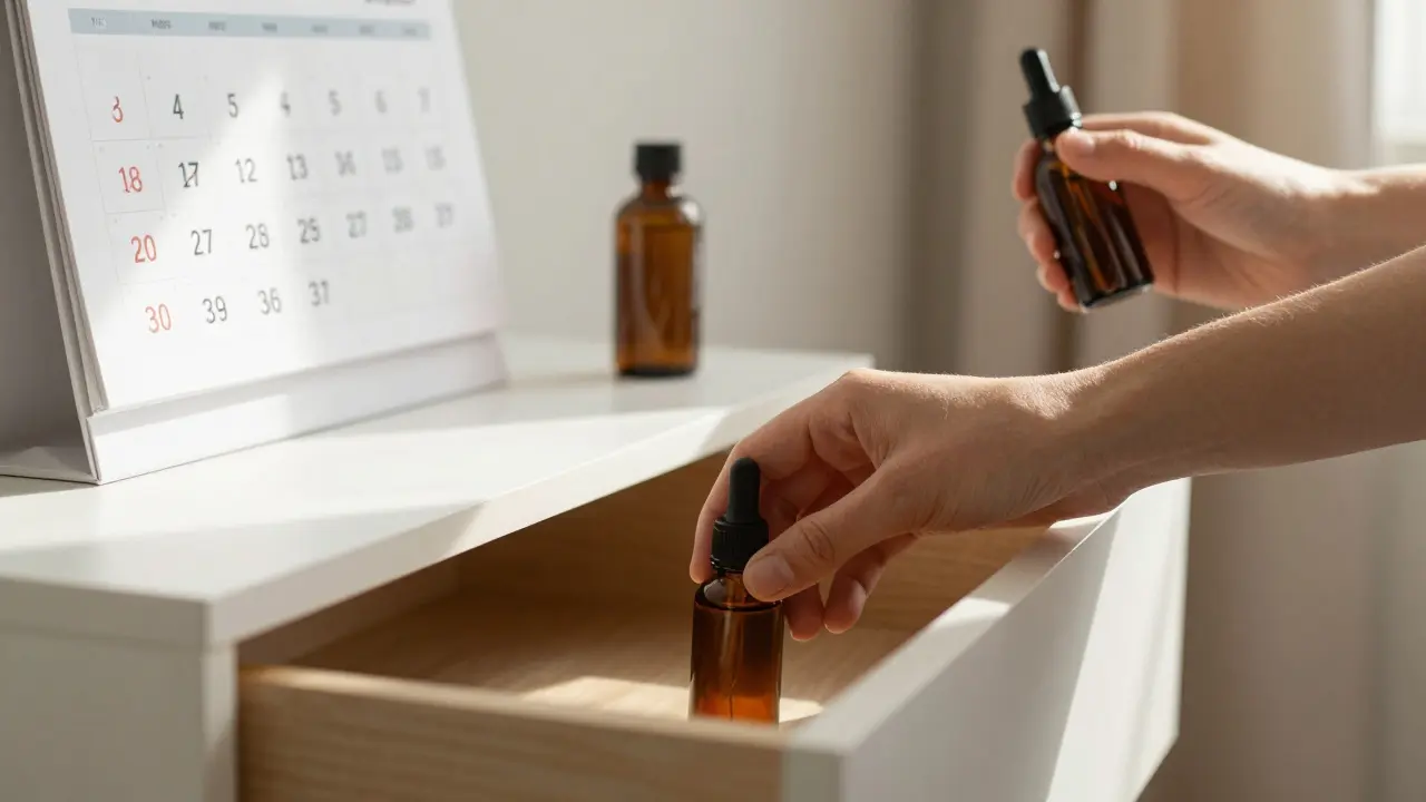 Eine Person legt einen Bong in die Schublade und hält eine CBD-Tinktur in der Hand.