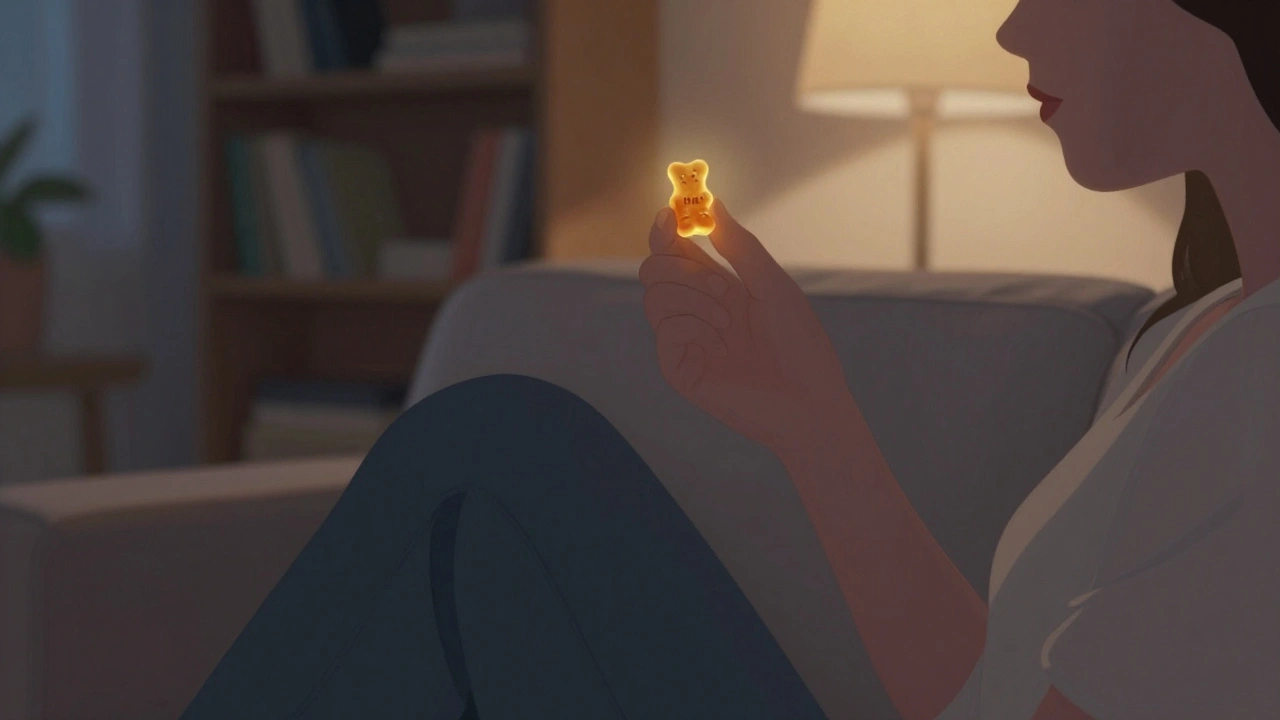 Eine Person sitzt entspannt auf dem Sofa und hält vorsichtig ein HHC-Gummibärchen in der Hand.