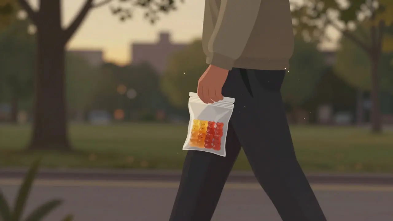 Eine Person spaziert abends im Park mit einer kleinen Packung CBD-Gummibärchen in der Hand.