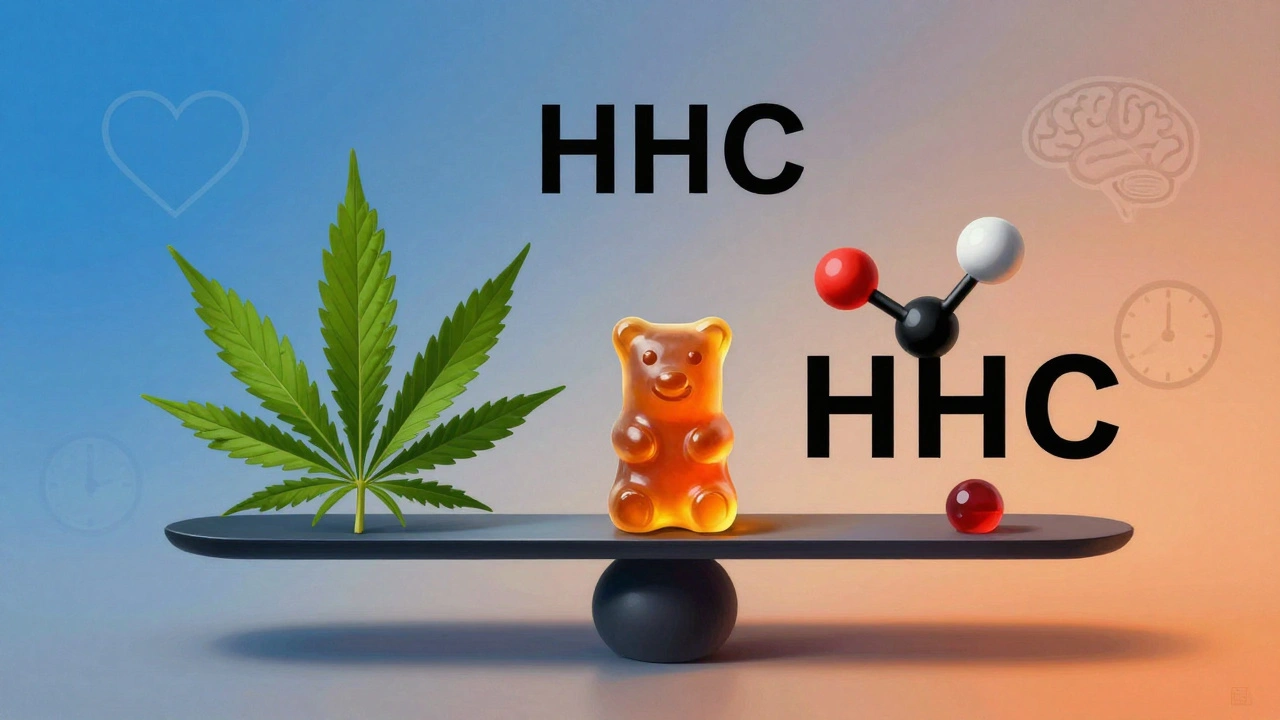 Eine symbolische Waage mit Cannabisblatt und Wasserstoffmolekül, dazwischen ein Gummibärchen als Ausgleich.