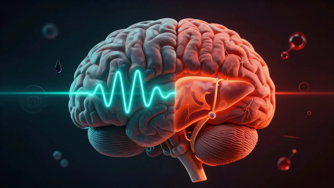 Gehirn im Querschnitt: eine Hälfte ruhig und beleuchtet (CBD), die andere gestört (Alkohol).
