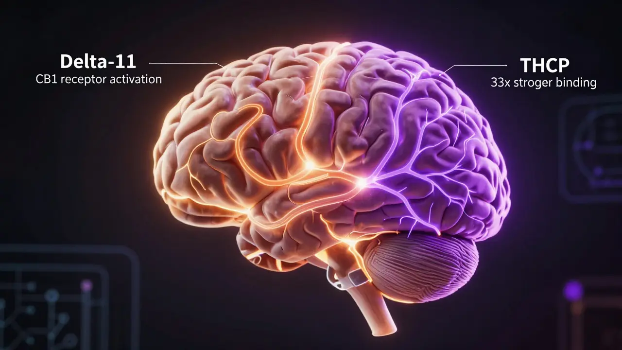 Gehirn mit zwei unterschiedlich stark leuchtenden Pfaden, die die Wirkung von Delta-11 und THCP darstellen.