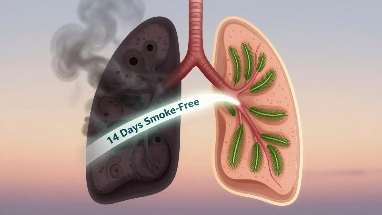 Gesunde und geschädigte Lunge im Vergleich, mit sich bewegenden Flimmerhärchen und Rauchrückständen.