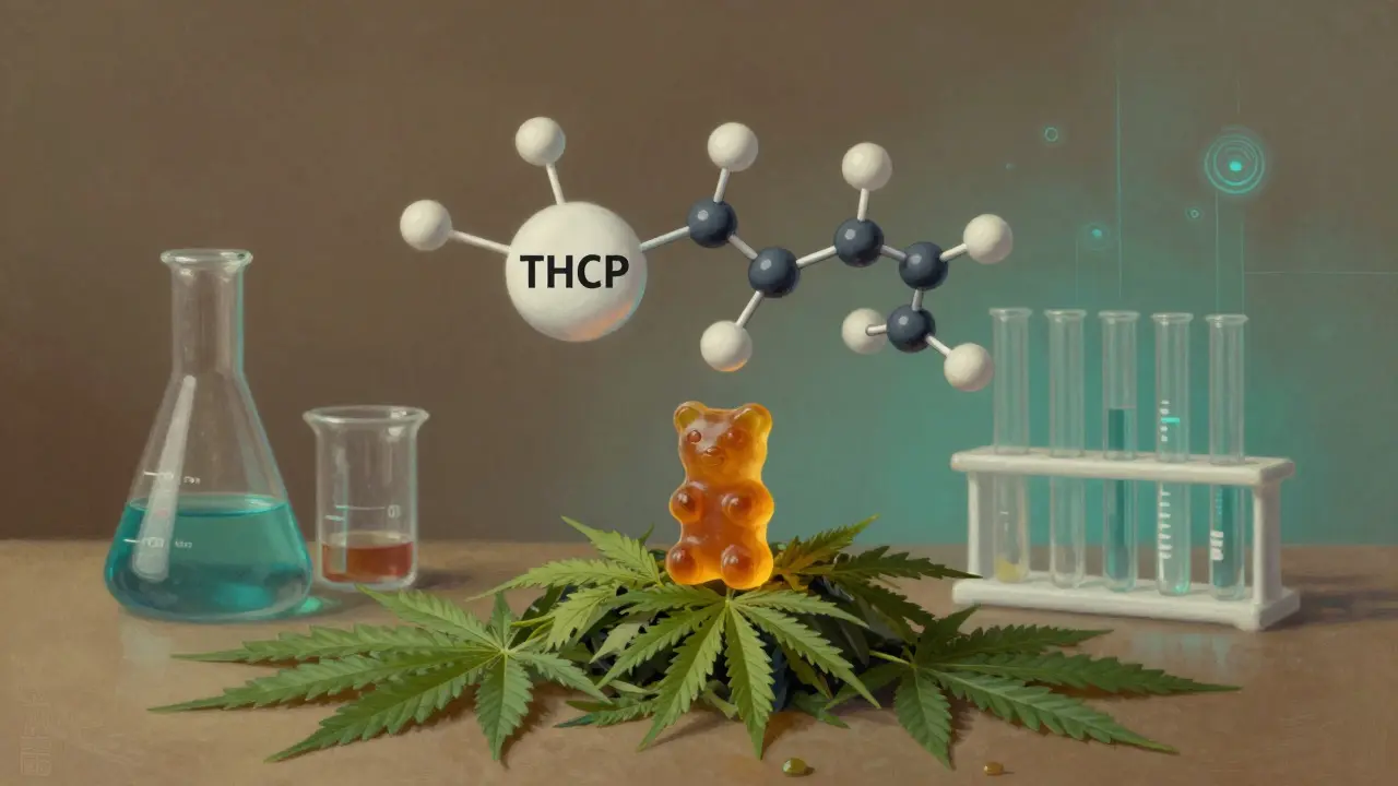 Gummibärchen löst sich auf in THCP-Moleküle mit langer Seitenkette über Cannabisblättern.