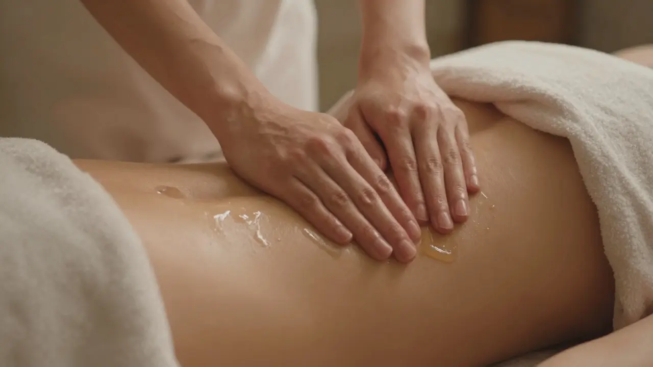 Hände, die CBD-Massageöl sanft auf die Haut am Unterleib auftragen.