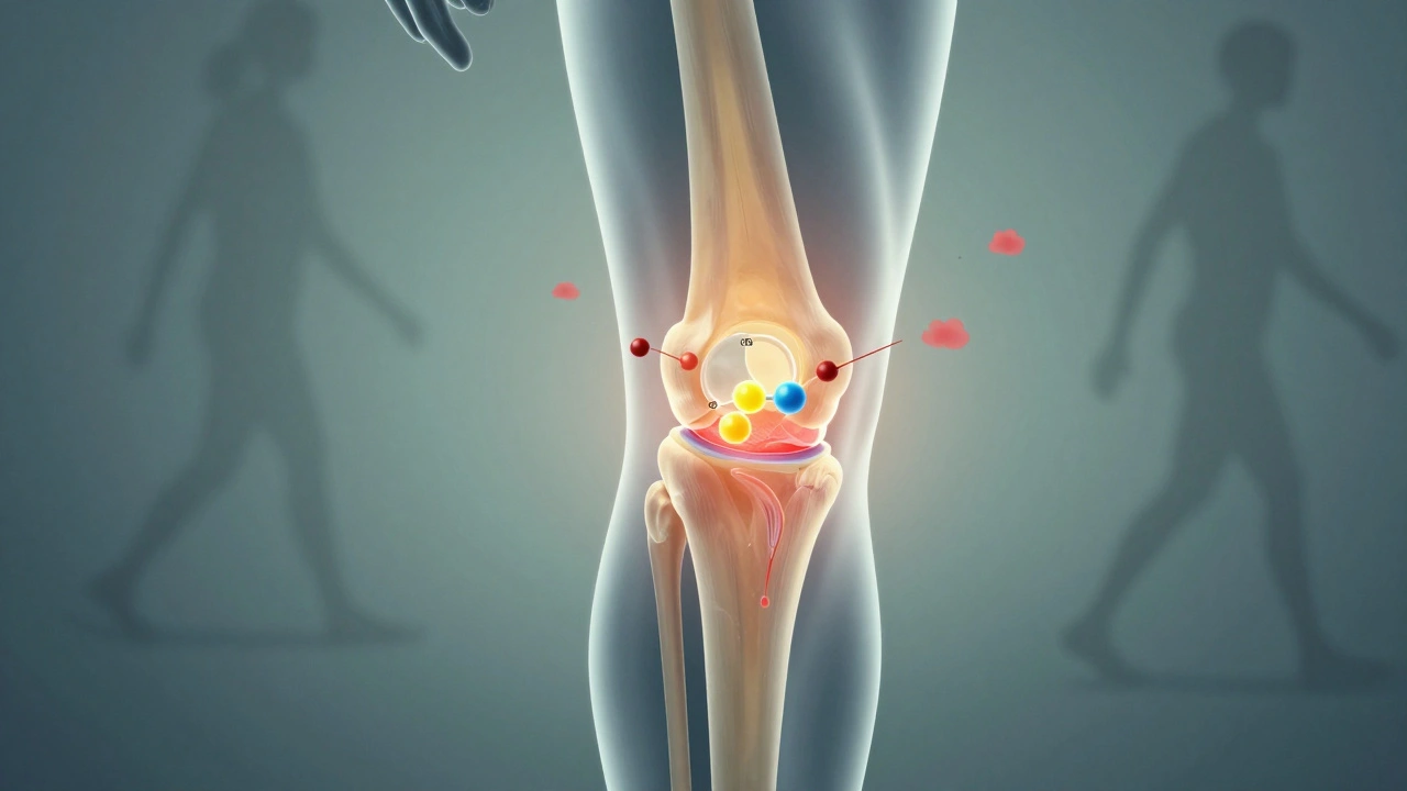 Illustration zeigt CBD-Moleküle, die Entzündung in einem Gelenk reduzieren.
